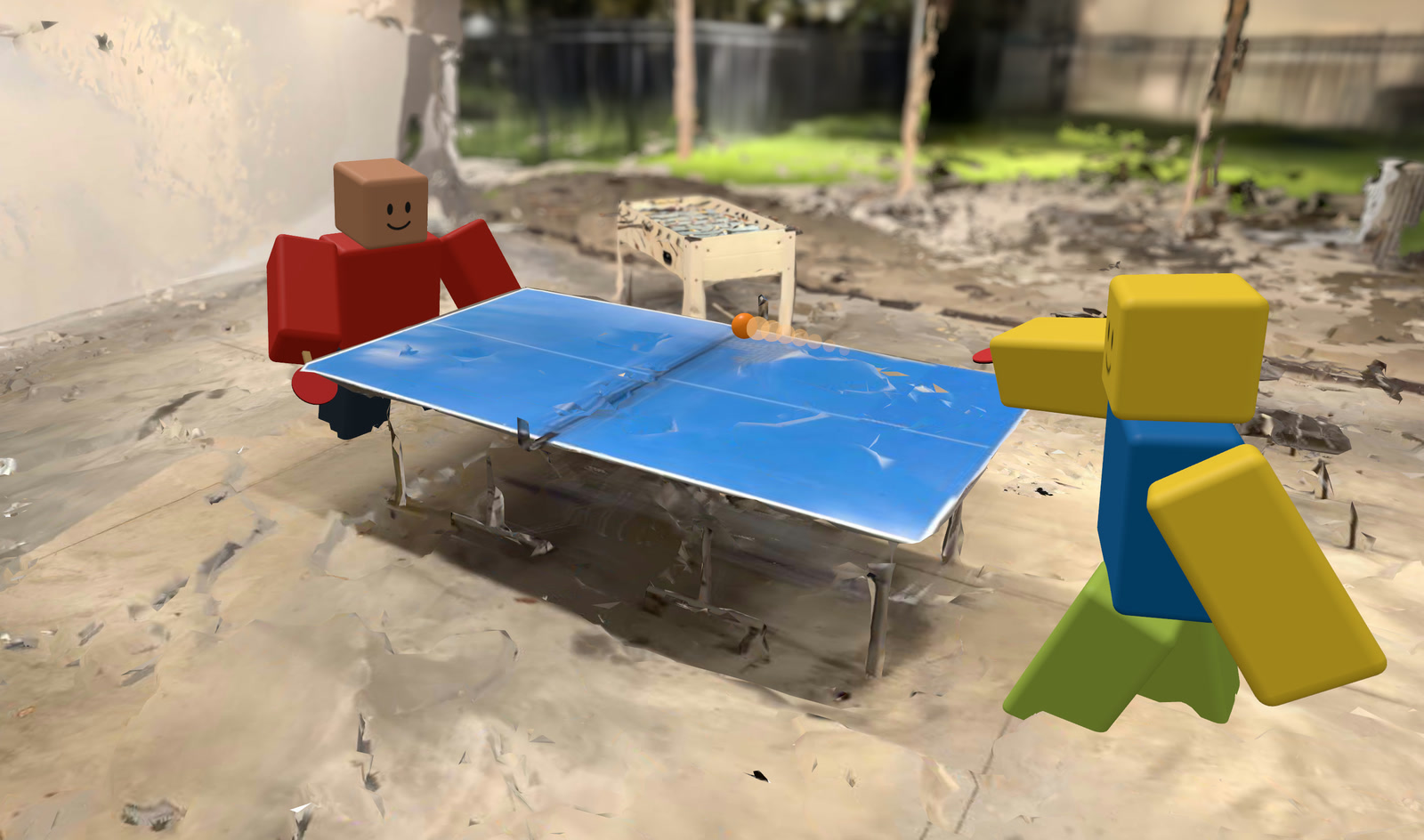 Two Roblox players at the real ping pong table in the Infinity Hall Game Lawn
